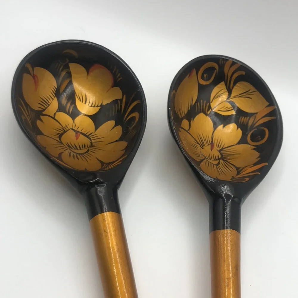 RUSSIAN KHOKHLOMA HAND PAINTED LACQUERED WOODEN 2 SPOONS